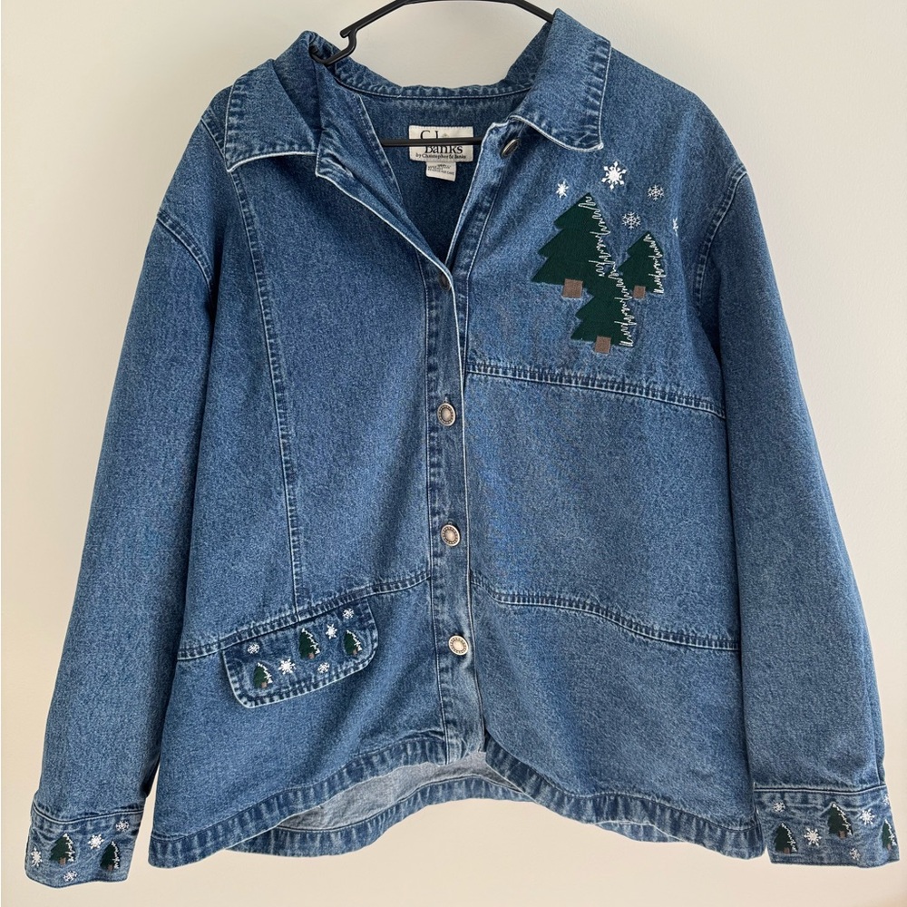 CJ Banks Blue Women’s Winter Themed Jean Jacket with Tree Design